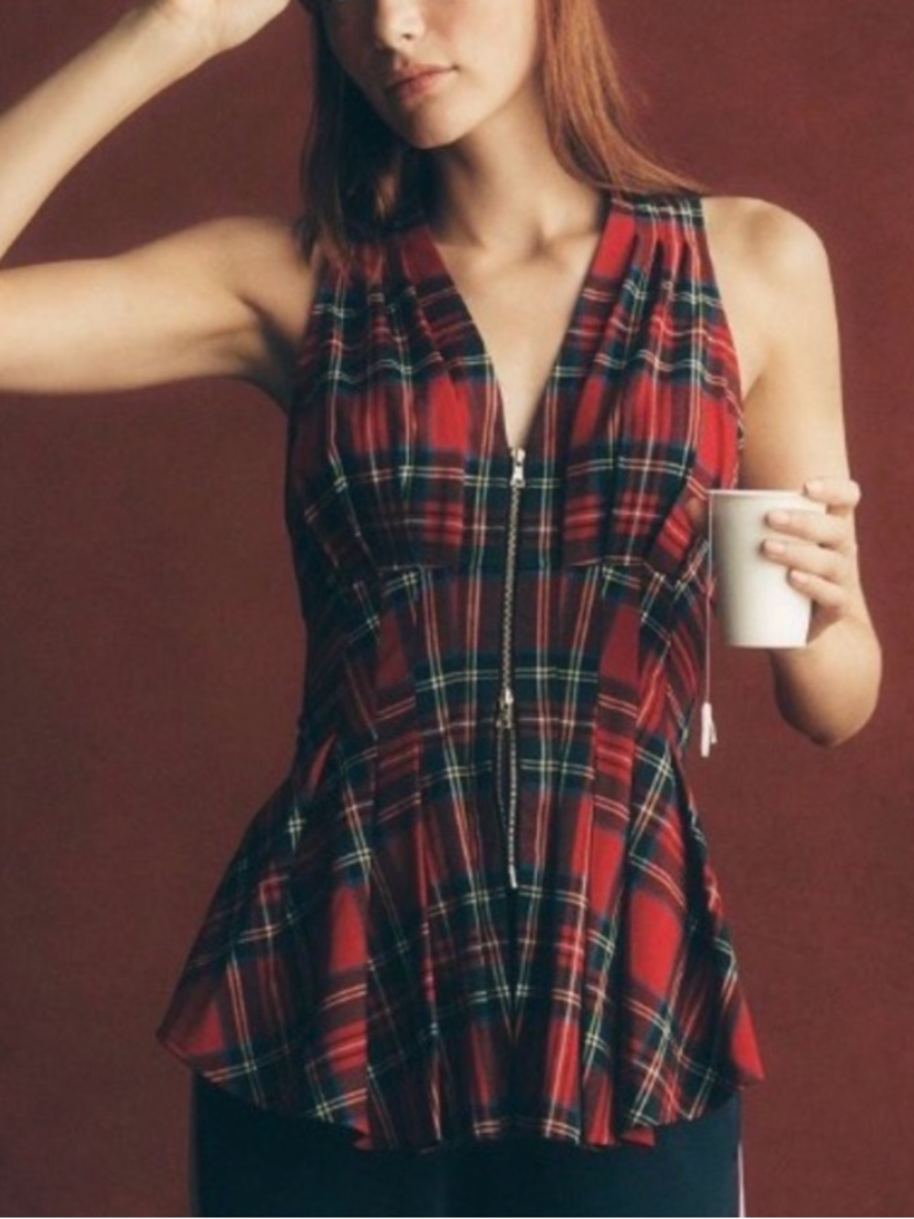 Anthropologie Maeve Viki Waisted Sleeveless ZipFront Red Plaid Peplum Top Celtic - Picture 5 of 11